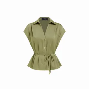 Cider Satin Short Sleeve Oversized Blouse With Belt