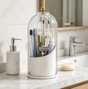 Toothbrush Holders with Sliding Lid Rotating 3 Slots Bathroom Organizer Countertop Tooth Brush Toothpaste Holder with Anti-slip Pad for Vanity Makeup Brushes