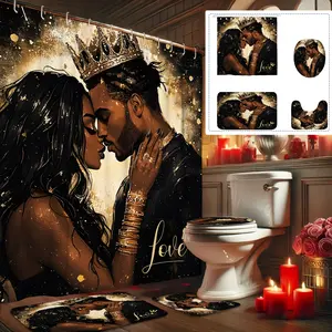 4pcs Happy Valentine's Day Decoration Shower Curtain Set Couples Love Romantic African Golden Shower Curtain and Rugs Washable for Bathroom Shower Home Decor with12hooks Non-slip Bath Mat U-shape Toilet Lid Cover Mat