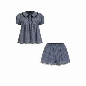 Cider Gingham Peter Pan Collar Oversized Top & Mid Rise Lace Trim Straight Leg Shorts Set