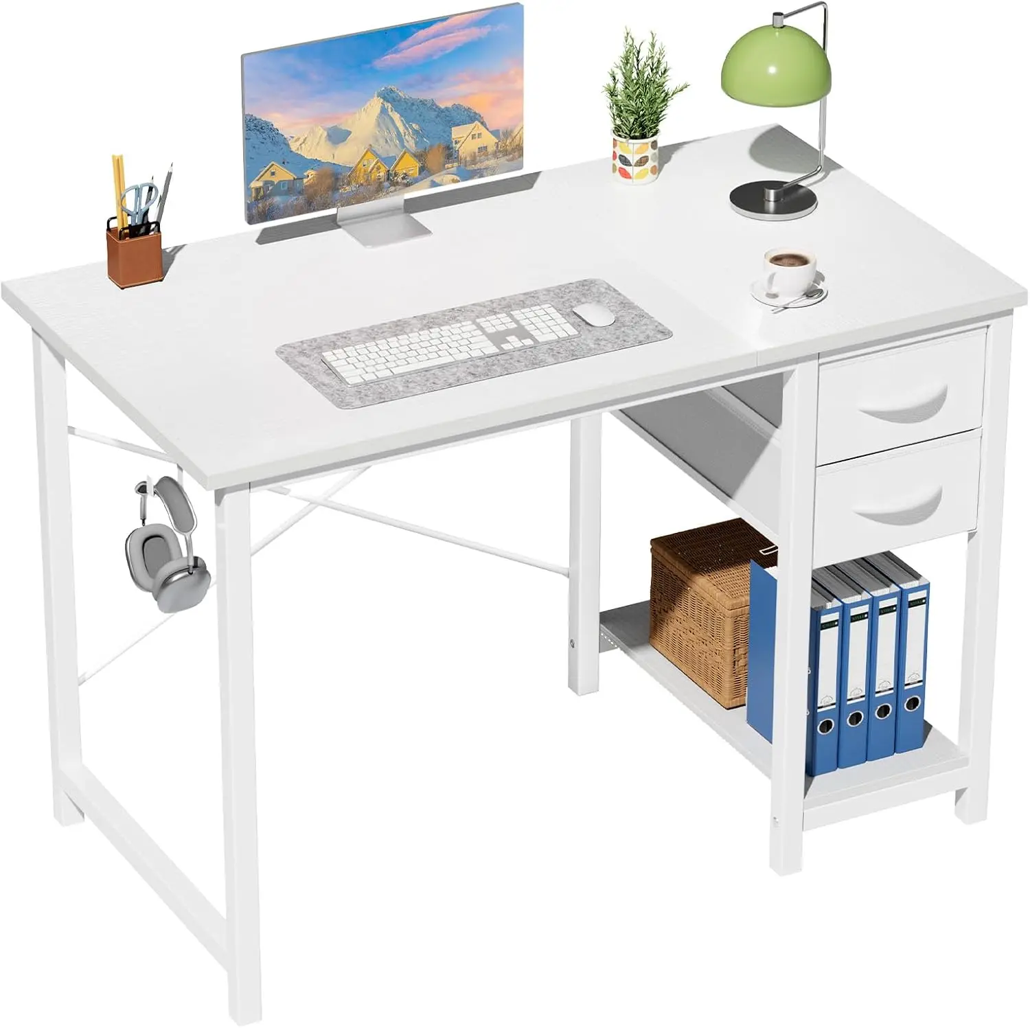 40 Inch Computer Desk with Drawers, Home Office Writing Desk Study Table, X-Frame Reinforcement with Side Hook, Sturdy Metal Frame for PC Laptop Gaming