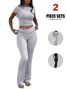 Women's 2 Piece Lounge Slim Short Sleeve Tops, Low Rise Flare Leggings for Yoga, Casual Sweatsuit Set for Comfort, Sweatsuit Matching Set