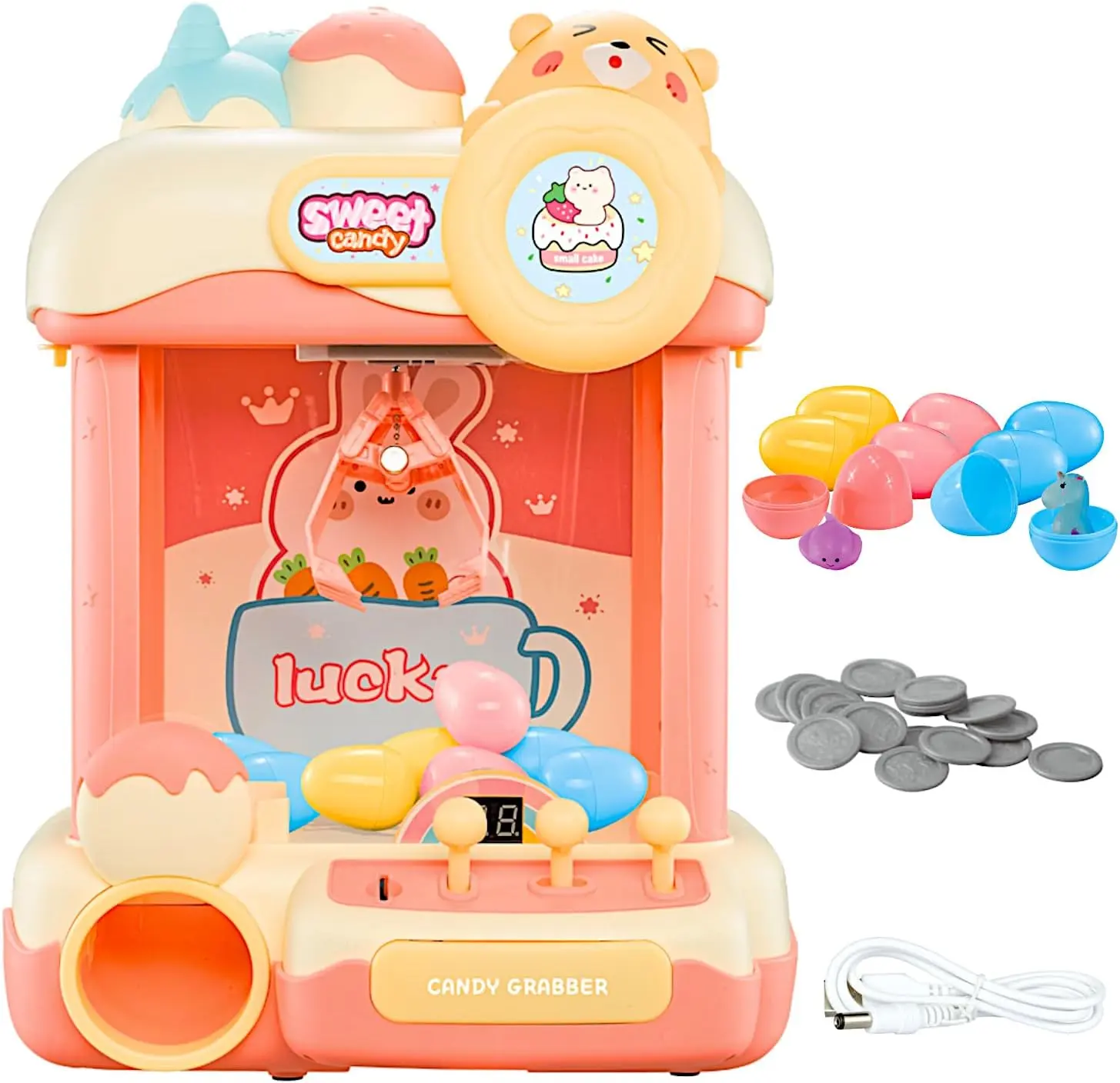 Cream Teddy Claw Machine 15" Candy Grabber, Plush Prize Treats Egg Figure Capsule Dispenser, Arcade Music Dual Power Kids Coin Slot Play, Princess Sweetie Champion Game, Girls Pink Cartoon Vending Toy, Christmas, Holidays
