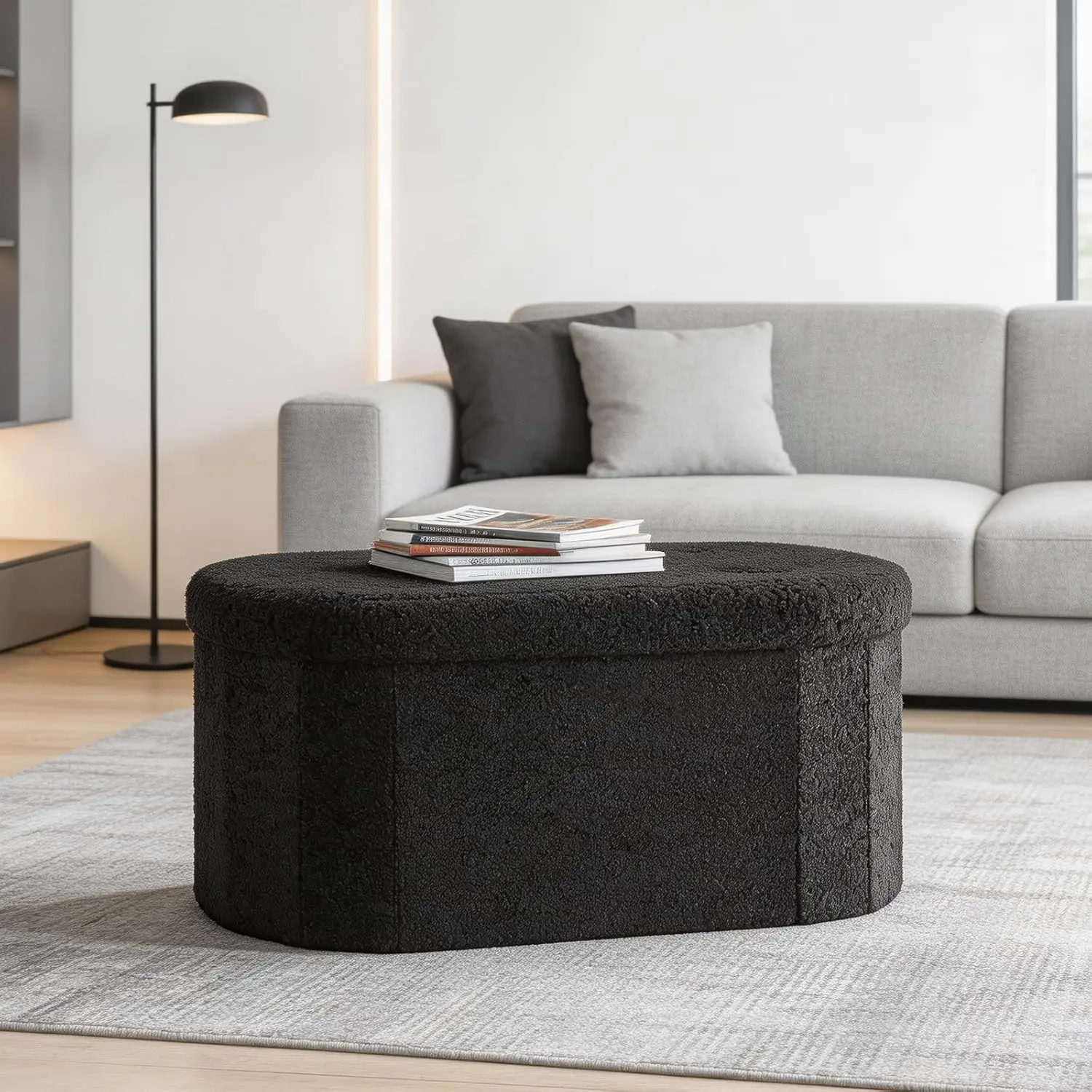 Storage Ottoman Bench, Foldable Oval Storage Ottoman, Soft Teddy Footrest With Lid, Large Capacity Storage Chest For Clothes Toy