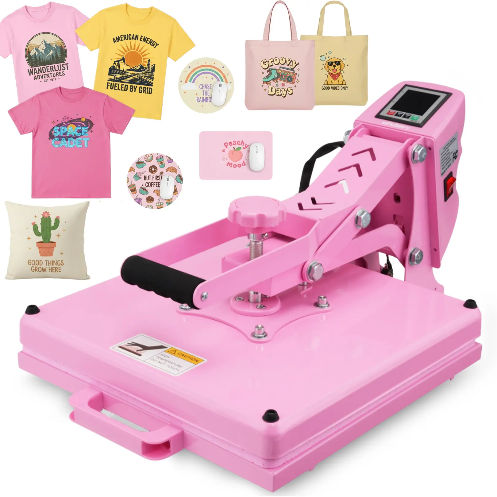 AKEYDIY 15''x15'' Slide‑Out Heat Press Machine, Pink Industrial Clamshell Sublimation Heat Transfer Press with Digital Temperature Control, Ideal for T‑Shirts, Hoodies, Pillows, Canvas Bags, Mouse Pads, Beginner‑Friendly, summervibes