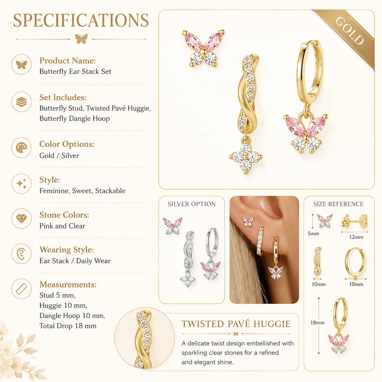 Women's 3-Piece Earring Stack Set - Gold-Silver Tone, Blush Pink & Clear Sparkling Stones, Lightweight Comfortable Versatile Girly Aesthetic Cute Small Costume Jewelry for Daily Wear Gift
