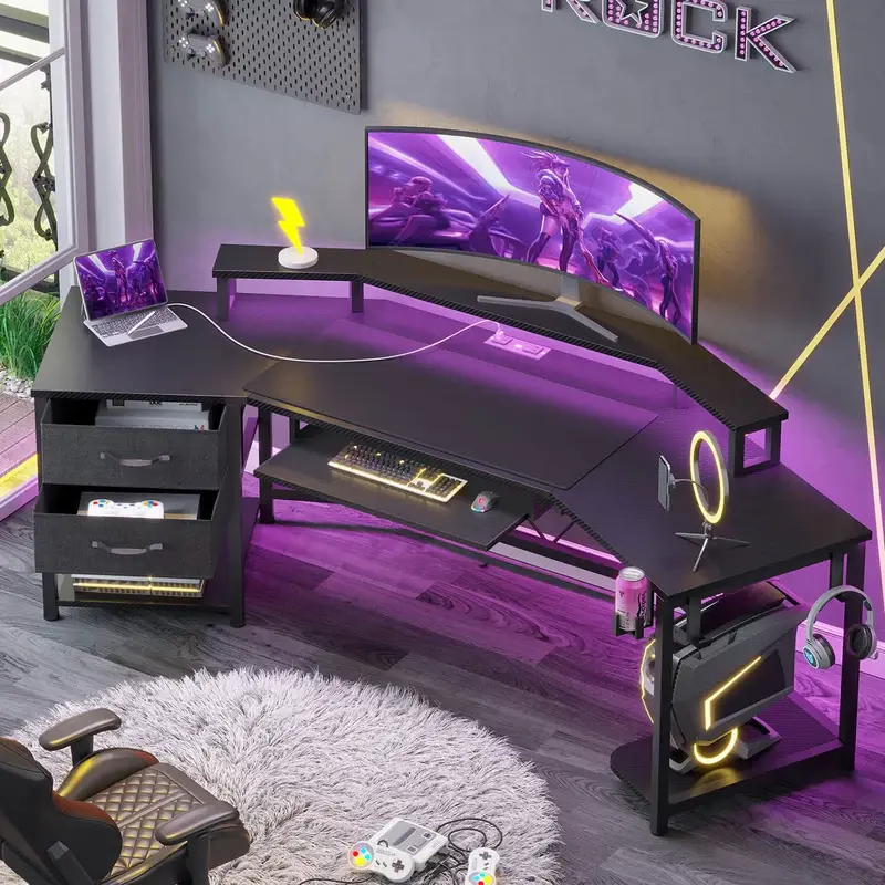 [SummerSale] Sikaic 79" Gaming Desk, Computer Desk with 2 Fabric Drawers & LED Light, L Shaped Gaming Desk with Storage Shelf for Home Office, Carbon Fiber Desk Workstation, Home Furniture, Dorm Essentials
