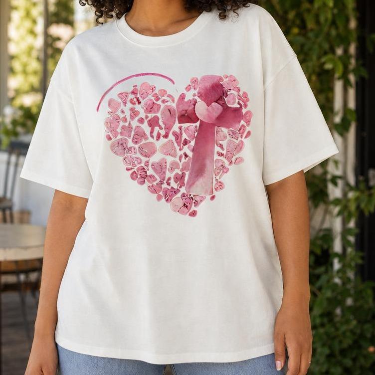 Pink Ribbon Heart Breast Cancer Awareness Women's 100% Cotton T-Shirt