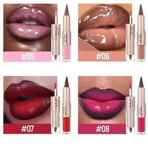 2-in-1 Dual-Ended Lip Gloss and Matte Lip Liner, Lip Gloss Tint, shapes the lips, glossy lip gloss, non-greasy, long-lasting, long-wear color that doesn’t transfer, anti-slip bullet design, multiple colors available, suitable for all light beige