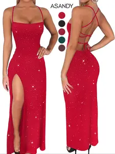 ASANDY Women's Sequin Knitted Long Dress Off-Shoulder Thin Straps Cross Back High Slit Pencil Dress for Christmas Party Evening Clubwear Elegant Slim Fit
