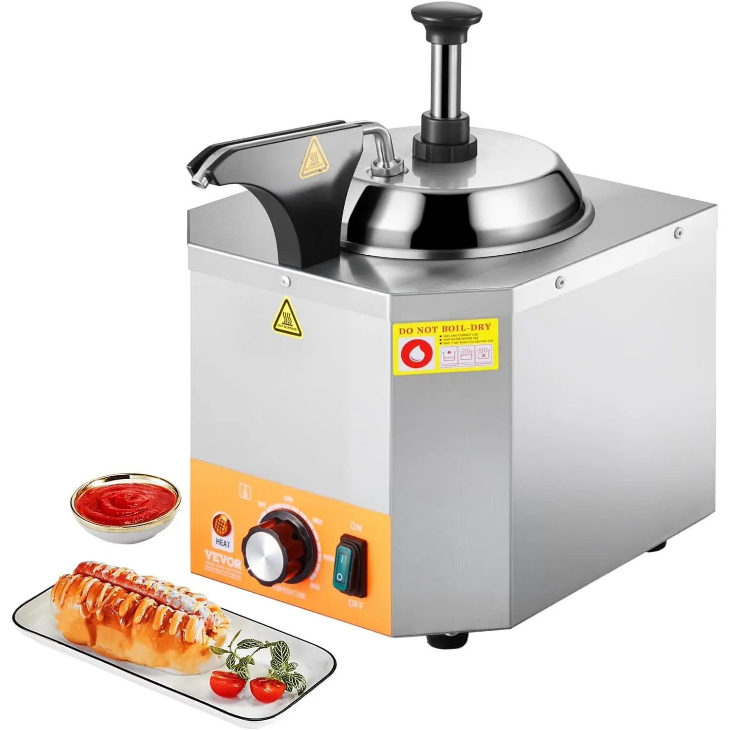 VEVOR Electric Cheese Dispenser with Pump, 2.4L Commercial Hot Fudge Warmer, Stainless Steel Heated Pump Dispenser, 86-230 ℉   Temp Adjustable Nacho Cheese Sauce Warmer, for Hot Fudge Cheese Caramel