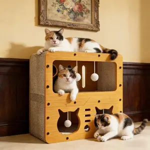 2 in 1 House & Scratch Board, 1 Set Wooden Bed with Scratcher, Durable Double Layer Bed, Pet Furniture for Indoor Spacious cool cat stuff cozy cat bed cat scratcher indoor cat accessories cat toys cat accessories