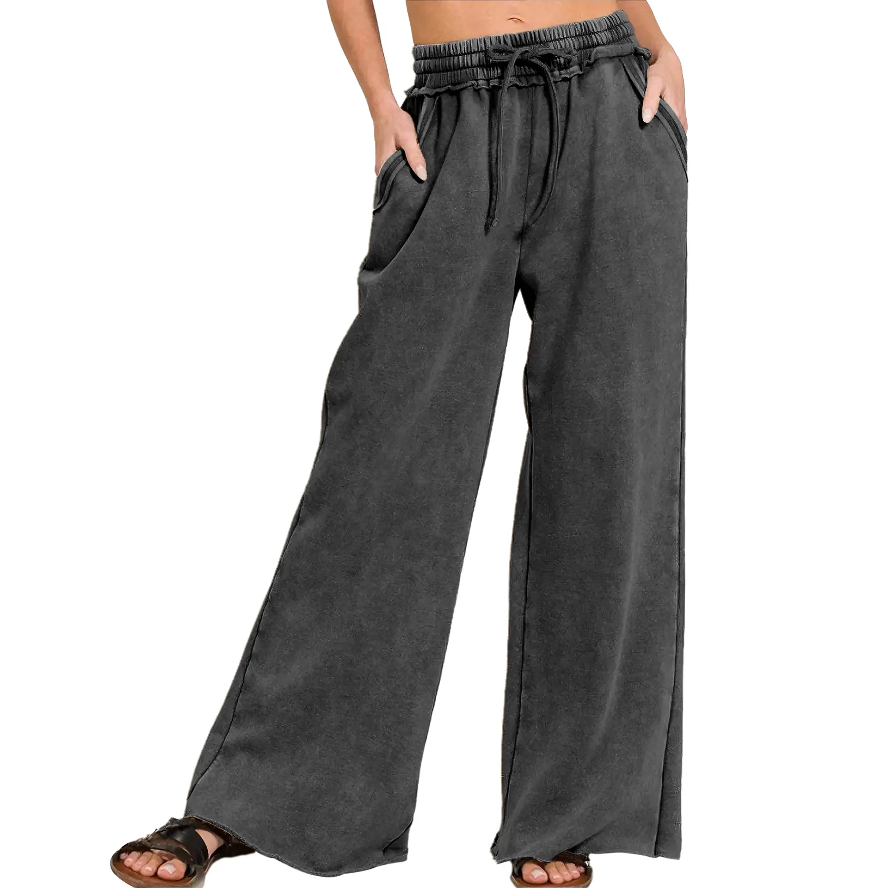 Hixiaohe Women Casual Acid Wash Sweatpants Wide Leg Drawstring Fleece Palazzo Pants Baggy Athletic Trousers with Pockets