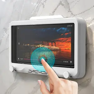 No-Drill Strong Adhesive Wall Mounted Touchscreen Organizer Box, 360° Rotating Full Enclosure Phone Holder for Kitchen Bathroom Bedroom Living Room, Adjustable Multi-Angle View Home Storage Solution