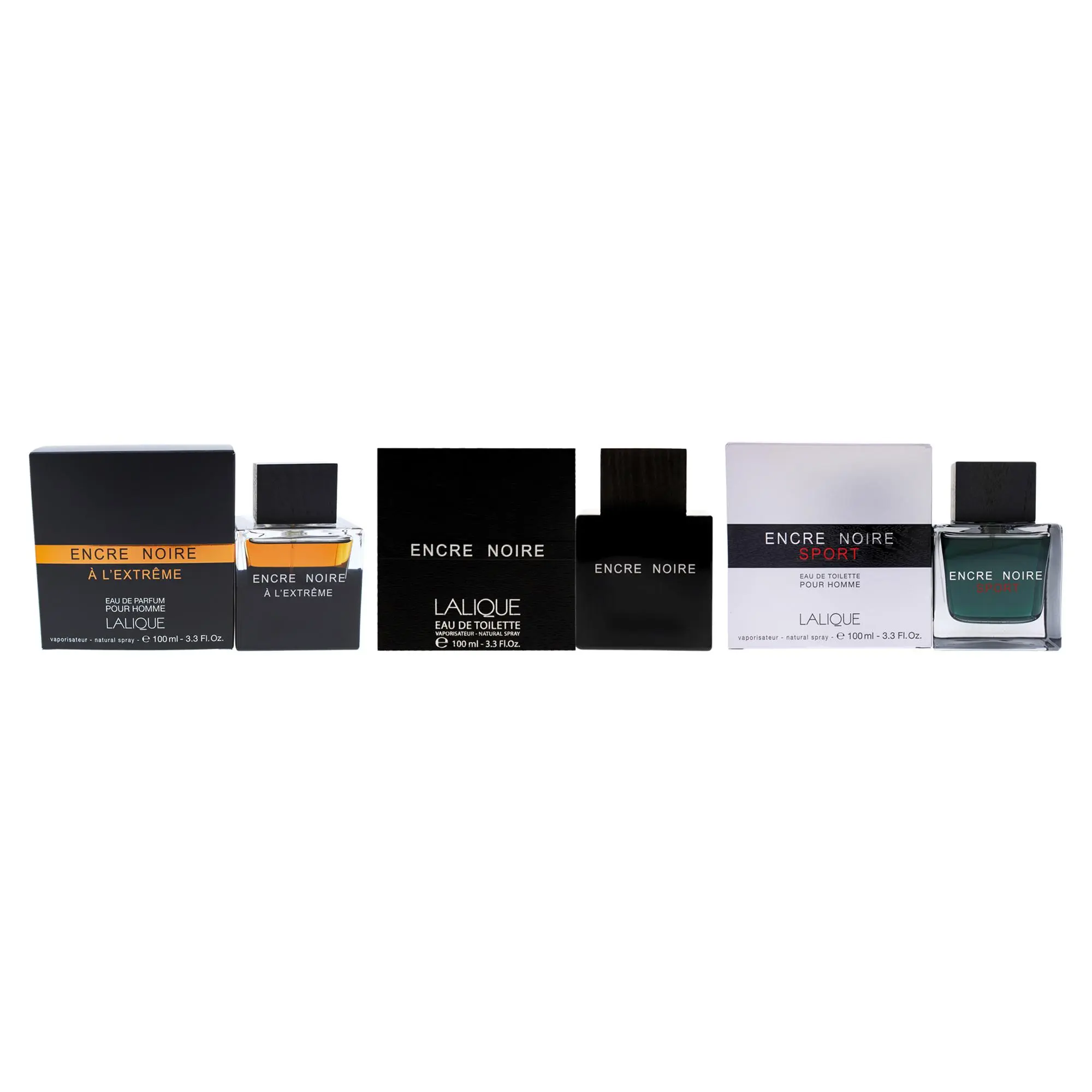 Lalique Kit by Lalique for Men - 3 Pc Kit 3.3 oz Encre Noire EDT Spray, 3.3oz Encre Noire A Lextreme EDP Spray, 3.3oz Encre Noire Sport EDT Spray