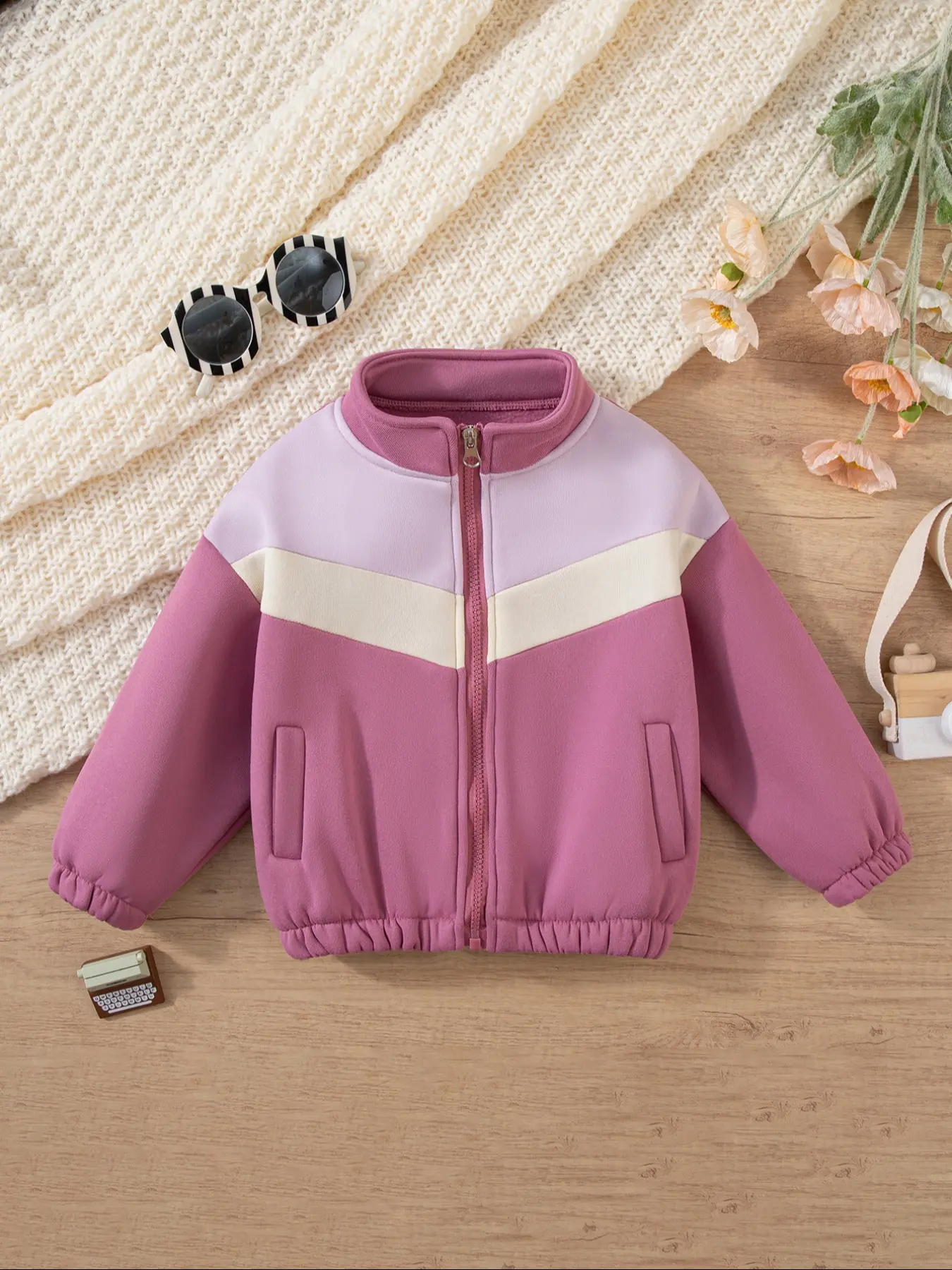 Toddler Girls' Fleece Jacket Coat, Zipper Stand Collar Colorblock Design, Fall & Winter Casual Fashion, Suitable for 3-8 Years Old Boys & Girls, Zipper Pocket Jacket, Casual Warm Coat, Zip Up Jacket, Casual Cute Outerwear