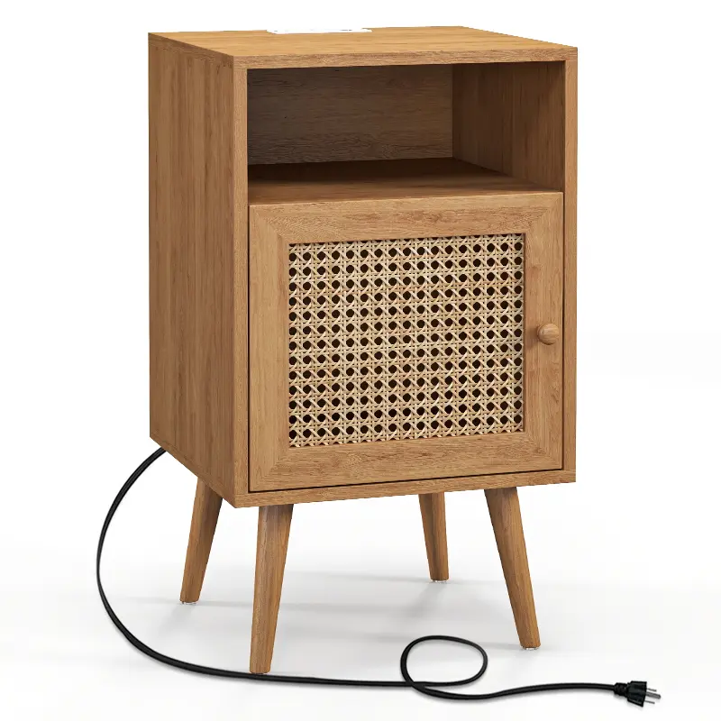 Topwin Pine Single Door Modern Side Table - ETL Certified 11.82 kg Foldable Natural Wood Nightstand, Charging Station with Built-in Power Socket, USB Ports, LED Lights, Bedroom Storage Furniture, 2 American Plugs