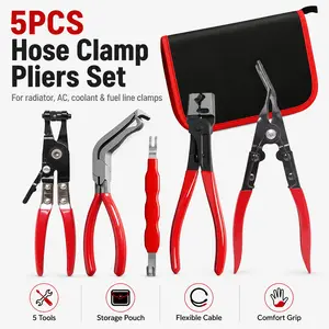 5 Piece Auto Hose Clamp Pliers Kit, Fuel Line Clamp Removal Tool Set with Storage Pouch for Car Repair Hose Clamp Removal Pliers Set, 5 Piece Auto Repair Tool Kit with Flexible Cable Pliers and Carrying Pouch