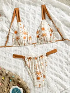 Two-Piece Set Women's Palm Tree Print Tie Back Bikinis Set, Casual Fashion Chic Swimsuit Set for Beach Holiday Vacation, Ladies Swimwear for All Seasons, Beach Bikinis, Bikini Sets