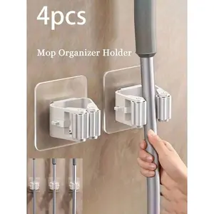 2/4/8 Pcs Hanging Mop Organizer Rack With Clips, Bathroom Mop Holder Hook, No Drilling Required, Plastic Broom Storage Rack, Suitable For Bedroom, Garden, Bathroom, Home, Dorm, Space Saving, Bathroom Accessories, Room Decor