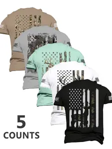 New Summer Men's Deer & Broken Flag Print T-Shirt Set of 5, Soft Breathable Patriotic Short Sleeve, Multiple Colors Available