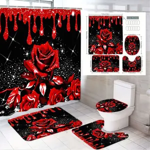 1/4pcs Gothic Black Red Rose Shower Curtain Set - Large Roses with Black Dripping Paint & Sparkles, Matching Toilet Cover + 2 Bath Mats, White Tiled Bathroom Decor for Halloween, Valentine's Day, Housewarming Gift, Bathroom Decoration Accessories