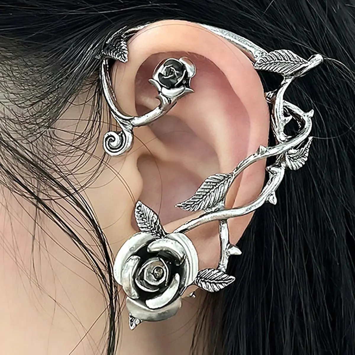 Rose Motif Ear Cuff-Earring Set, Retro Artificial Gemstone Jewelry, Creative Birthday Gift Ear Accessories, Earrings For Women, Ear Cuff & Statement Earring Set