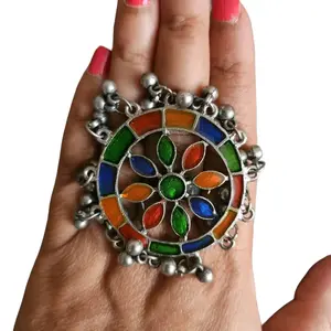 Multi JS Ghungroo Ring with Colorful Enamel Design and Silver Accents
