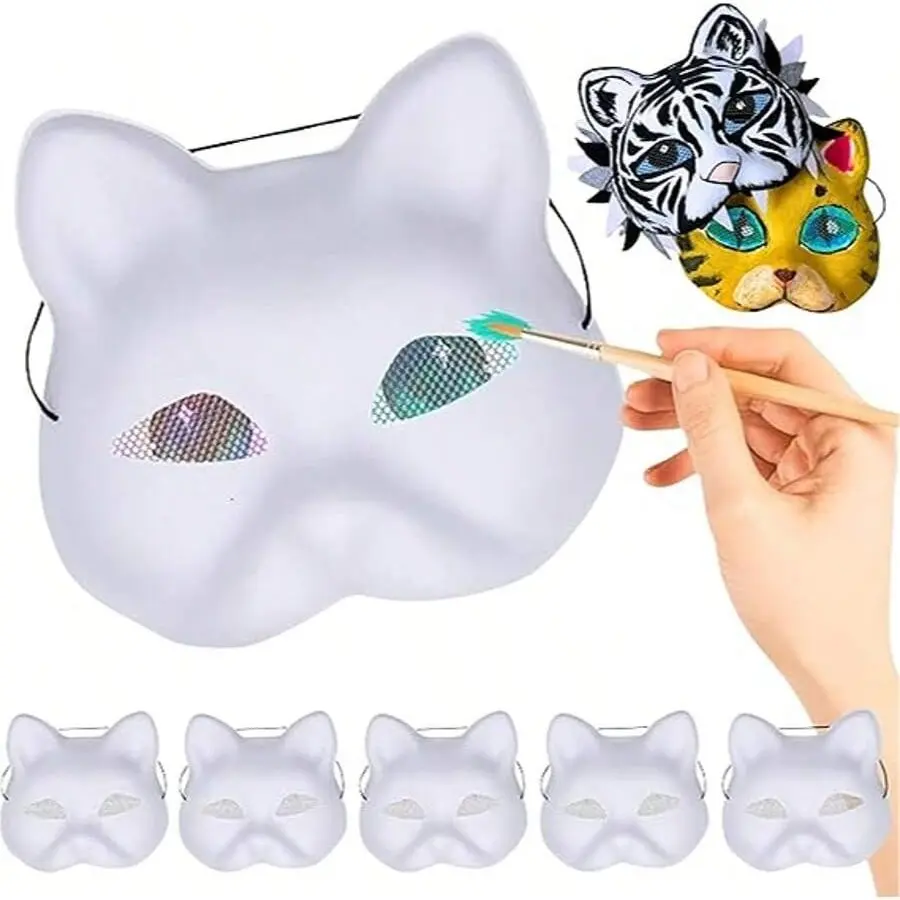Therian Cat Mask with Paintbrush and Color Set, Pre-installed Eye Net, Plastic Animal Mask Base for DIY Costume Party Props, Party Event Props, Decoration, Party Decoration Supplies, Therian Mask Kit