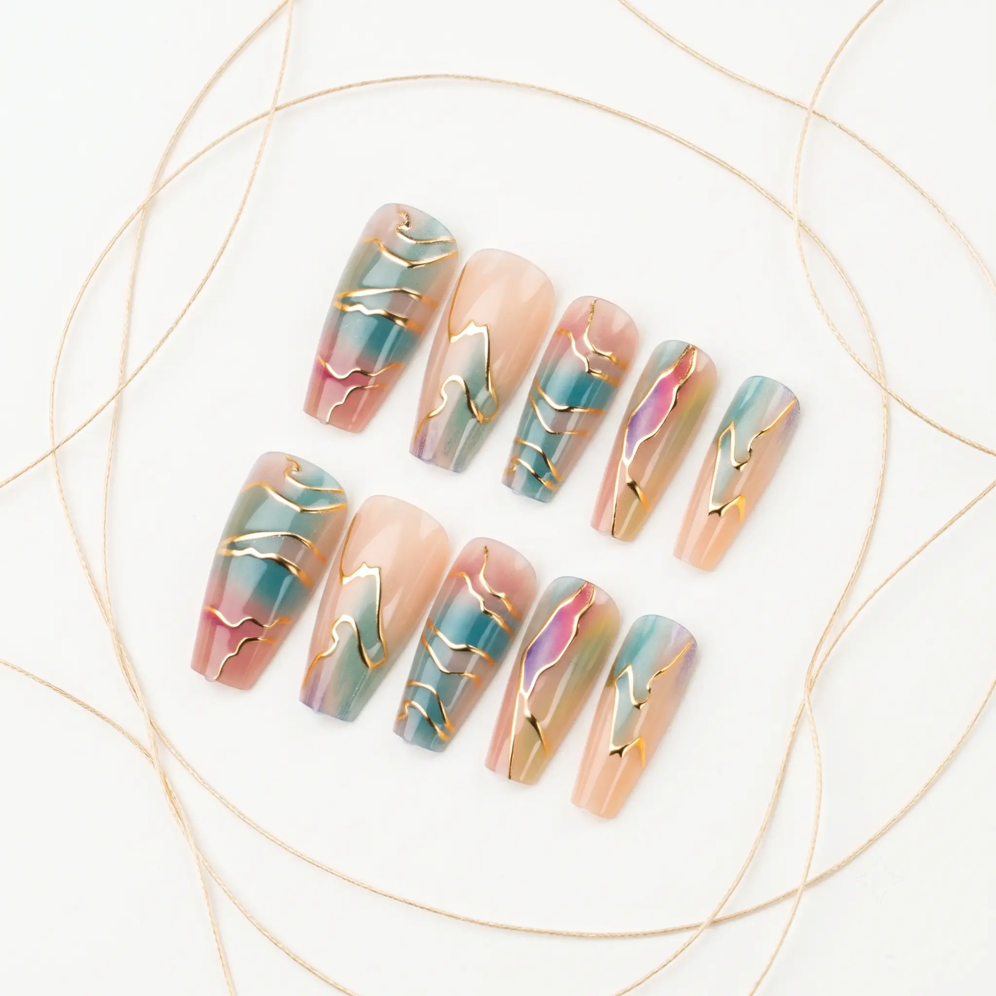 Zatvios Reusable Press-On Nails, Pastel Rainbow Gradient Long Coffin Shape, 3D Metallic Gold Kintsugi Fluid Crack Line, Transparent Marble, Elegant Glamorous Spring Glam Decor with Dynamic Artistic Effect, Glossy Nail Art Accessory