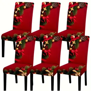 4pcs/6pcs Trendy Christmas Design Pine Tree Digital Print Chair Covers Removable and Washable Seat Protectors Soft Elastic Fit for Festive Dining Room Kitchen Banquet Hall Bedroom Office Living Room Dormitory Home Decor Christmas Chair Cover