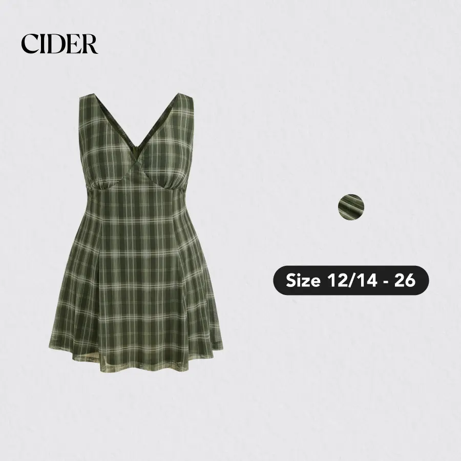 Women's Cider Plaid Sleeveless V-Neck Mini Dress - Elastane, Plus Size Fashion, 12/14-26 (2XL-20/22 Included), Casual Everyday Check Clothes