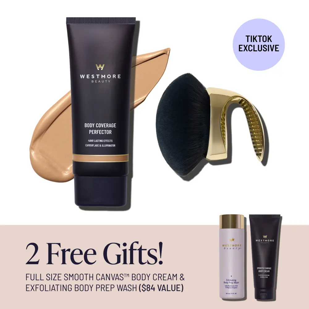 Westmore Beauty Ultimate Body Set | Exfoliating Body Wash, Body Coverage Perfector, X-Large Buffer Brush - Flawless Body Makeup, Concealer for Scars, Spots, Veins, Tattoos and More