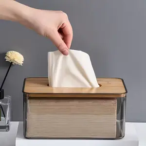 Modern Lid Transparent Tissue Box Holder with Wood Cover & Base, Ideal for Bathroom, Bathroom Accessories, Toilet Paper Storage, Minimalist Decor for Office