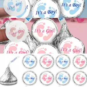 Gender Reveal Footprint Kiss Tags, Baby Shower Decorations, Boy or Girl Stickers, and Blue, 100 Pieces, Party Supplies, Round Label