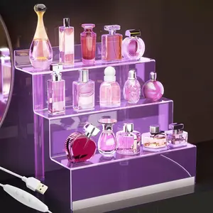 12” Acrylic Display Organizer with LED Light - 3 Tier Perfume Stand and Display Step Shelves Holder, Cologne Organizer for Men, Figures Stand, Porta Perfumes Para Tocador, Clear Riser, Dessert Shelf