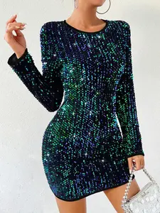 Women's Round Neck Sequined Button Formal Fashion Party Dress, Elegant Long Sleeve A-Line Fitted Maxi Dress, Perfect for Special Occasions, Womenswear