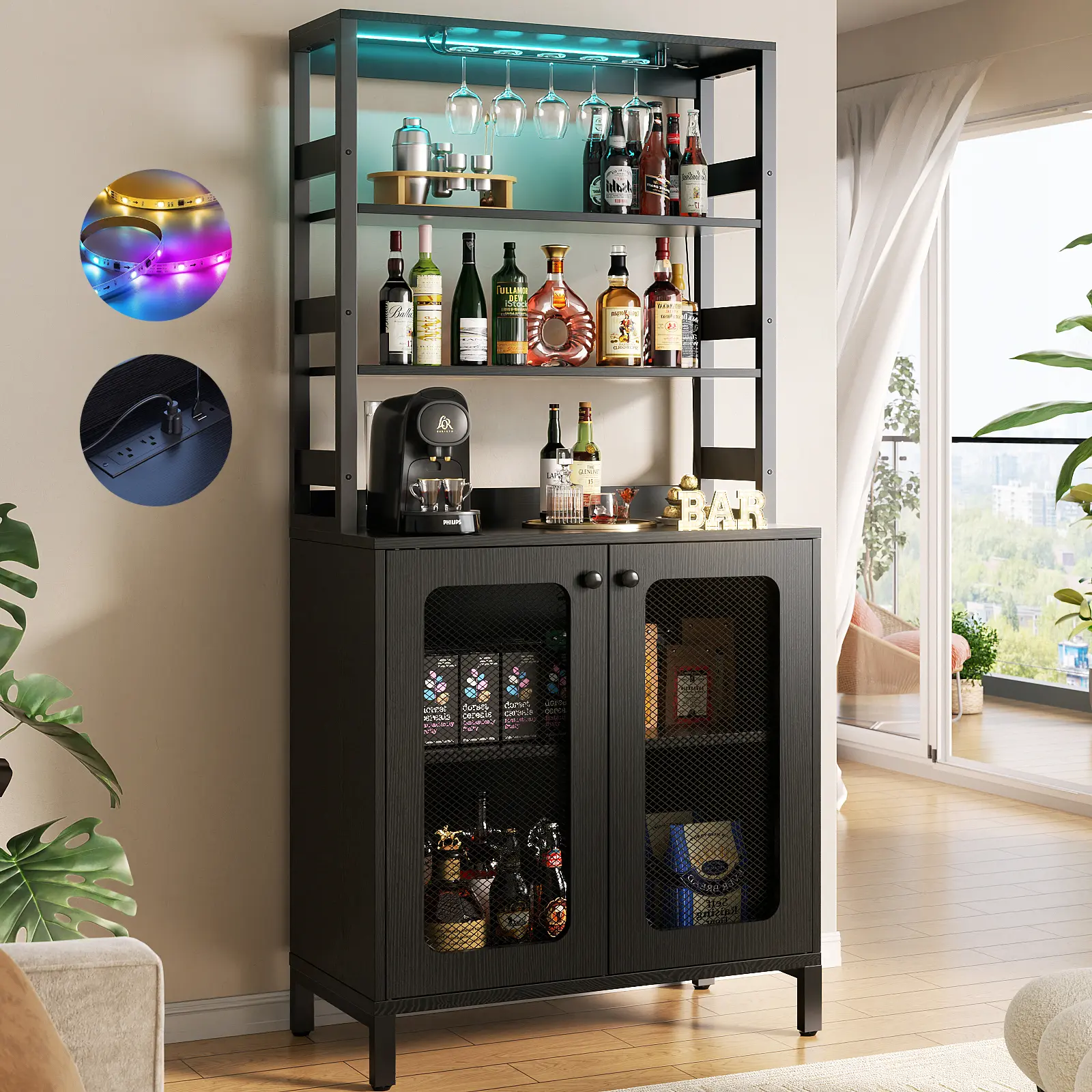 Bar Cabinet with Power Outlets, 67" Tall Wine Bar Cabinet Liquor Cabinets with LED Lights and Glass Holder, Coffee Bars Station for Living Room, Microwave Stand Bakers Rack Cabinets,dorm essentials,home decor