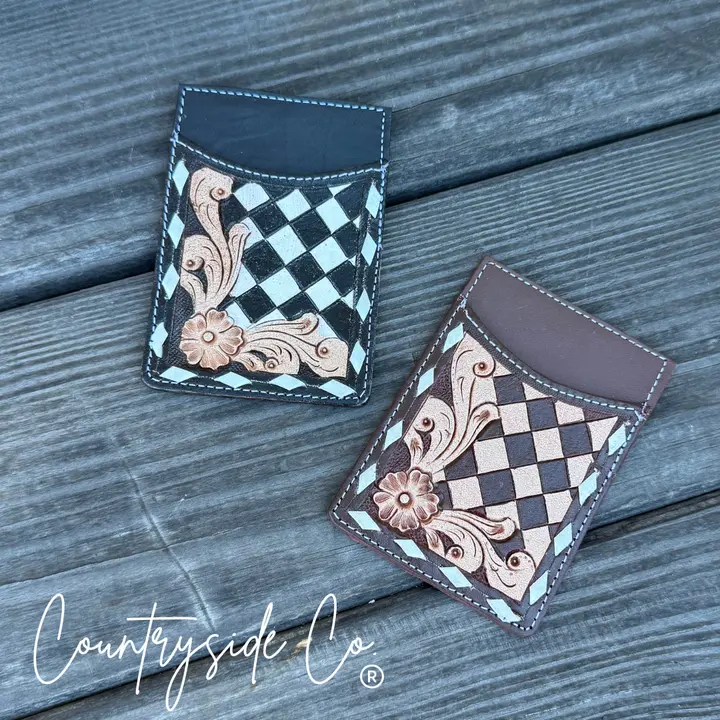 Checkered Tooled Leather Credit Card Holder
