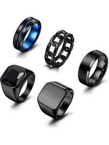 Men's 5-Piece Stainless Steel Set: Matte Black and Polished Gothic-Style Engagement Ring, Vintage Men's Wedding Ring, Vintage Promise Rings, and Eternity Ring