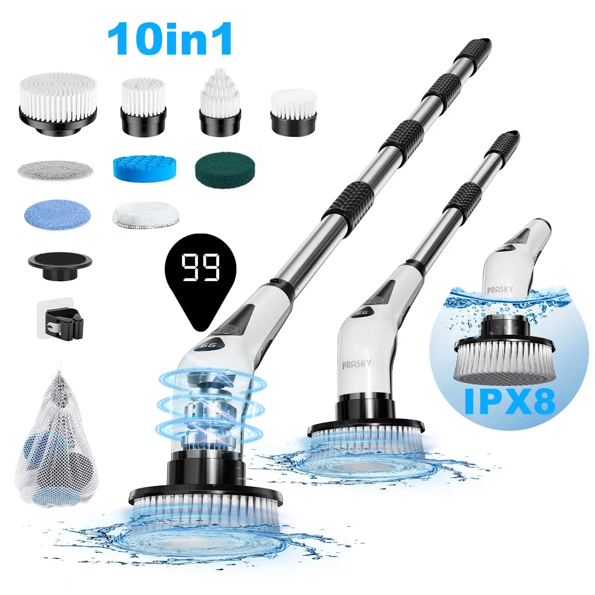 Prasky Cordless Power Scrubber - IPX8 Rechargeable Spin Brush with 9 Replacement Heads, 4-Tier Removable Extendable Handle, Adjustable Speed for Bathroom, Kitchen Cleaning, Rechargeable Spin Scrubber