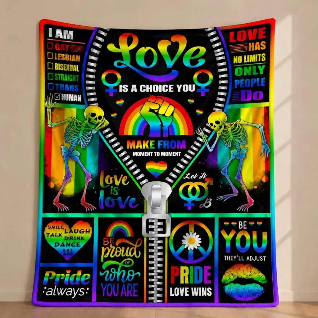 LGBT Pride Rainbow Skeleton Flannel Blanket, Contemporary Style, All-Season Polyester Throw for Pride Gifts