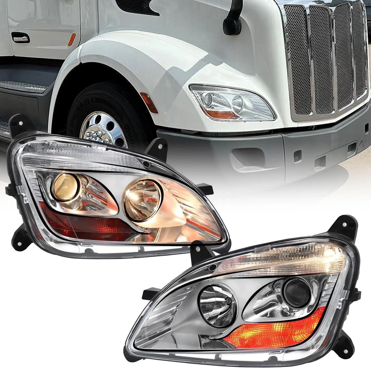 Halogen Headlight Assembly Fits Peterbilt 579 (2013-2020) & 587 (2011-2018), Left Driver / Right Passenger Side or Pair, OE Replacement Lamp, OEM P54-6102-10000L / P54-6102-10000R