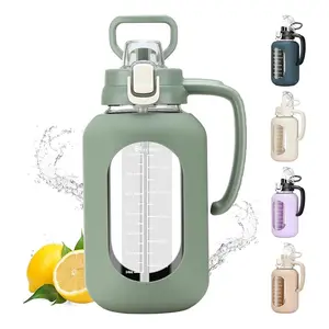 WINSA 64 oz Glass Water Bottle with Lid and Handle Half Gallon Water Bottle with Time Marker Large Water Bottle with Silicone Sleeve for Coffee, Juice Homemade Beverages