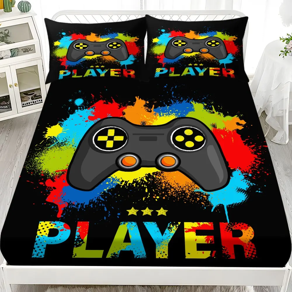 Game Bedding Set (1 Fitted Sheet + 2 Pillowcases), Modern Style, Suitable for Dorms, Bedrooms, Hotels, All Seasons, No Fillers