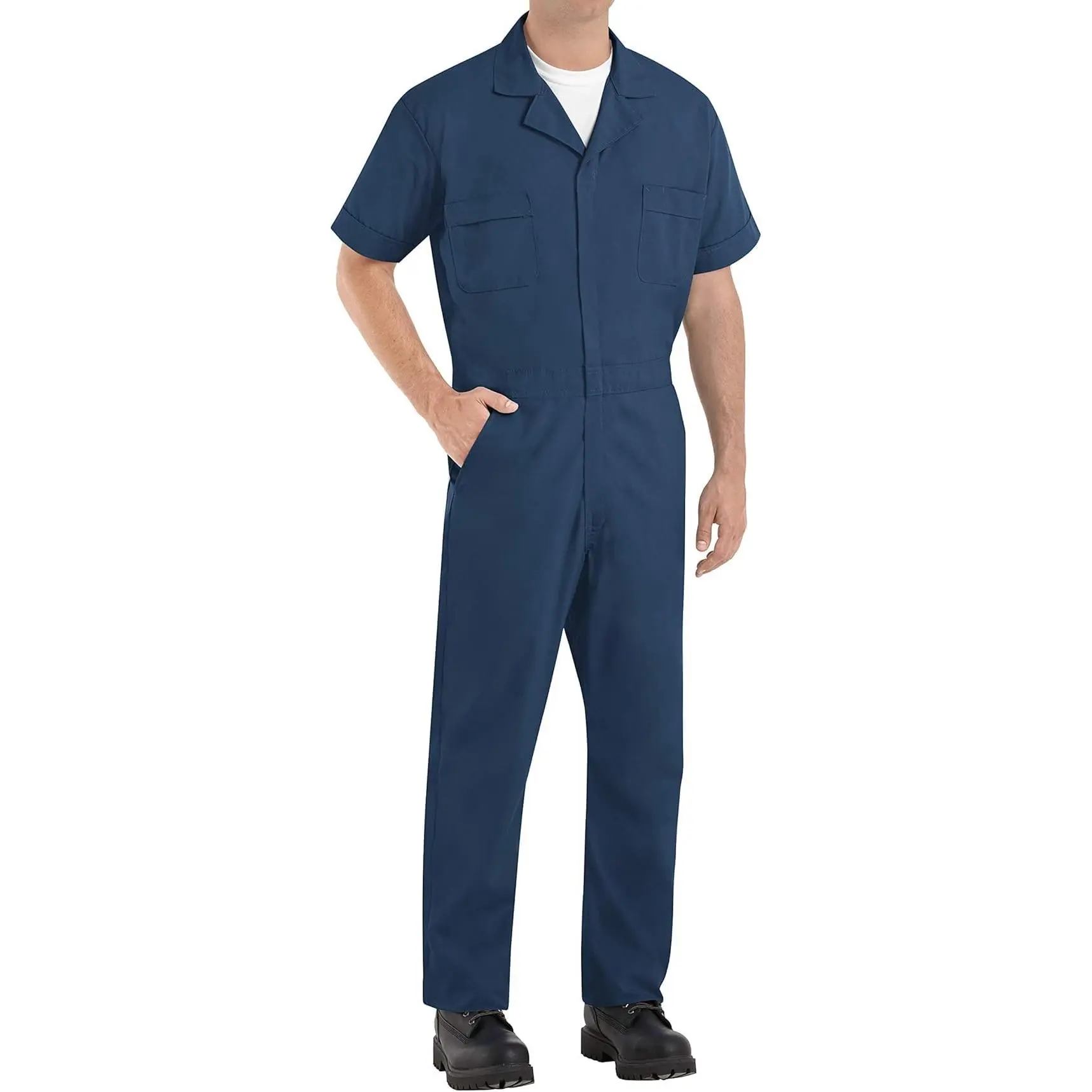 Red Kap Men's Workwear Uniform Long-Sleeve Short Speedsuit - Navy, Large, Durable, Elastic, Breathable Fabric, 2 Chest Pockets, Functional Zippers, Two (2) Chest Pockets