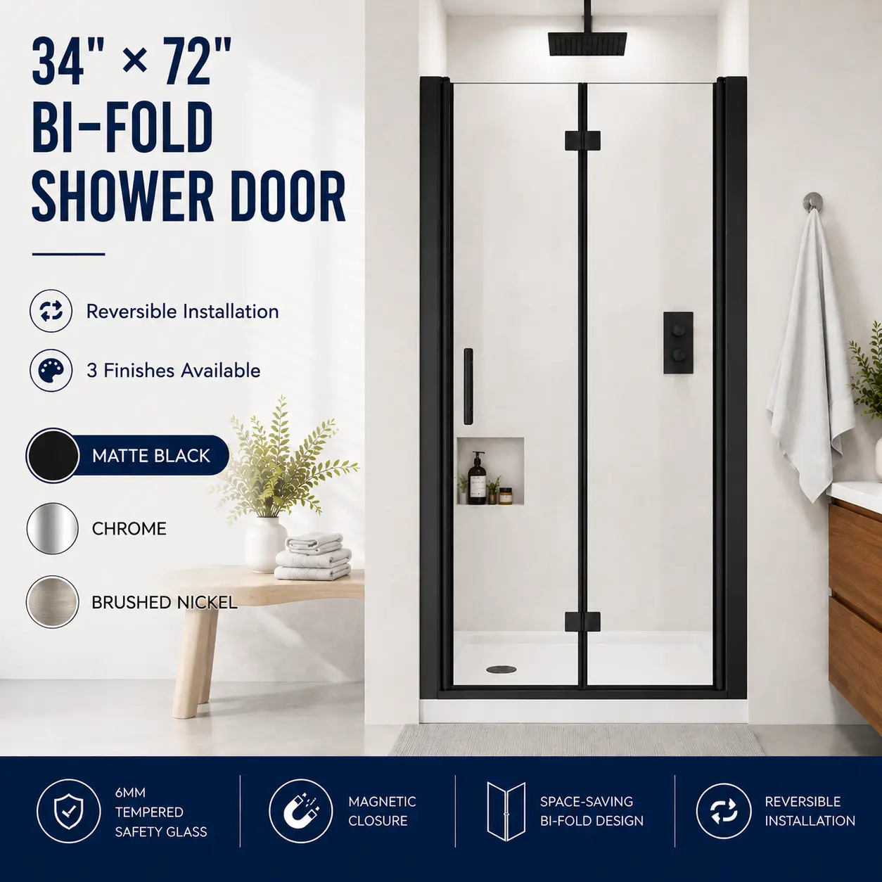 36x72 Inch Bi-Fold Shower Door, Chrome Aluminum Frame, 1/4" Tempered Glass with Explosion-Proof Film, Reversible Installation