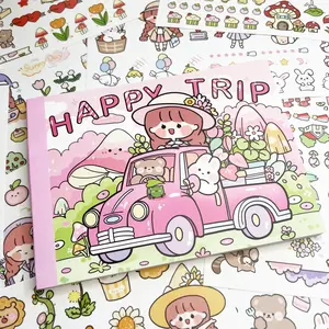 Cute Washi Sticker Book with 2500+ Pieces for Journaling Scrapbooking Planner DIY Gift for Tween Girls Anime Design Happy Trip Theme 50 Pages of High-Quality Stickers