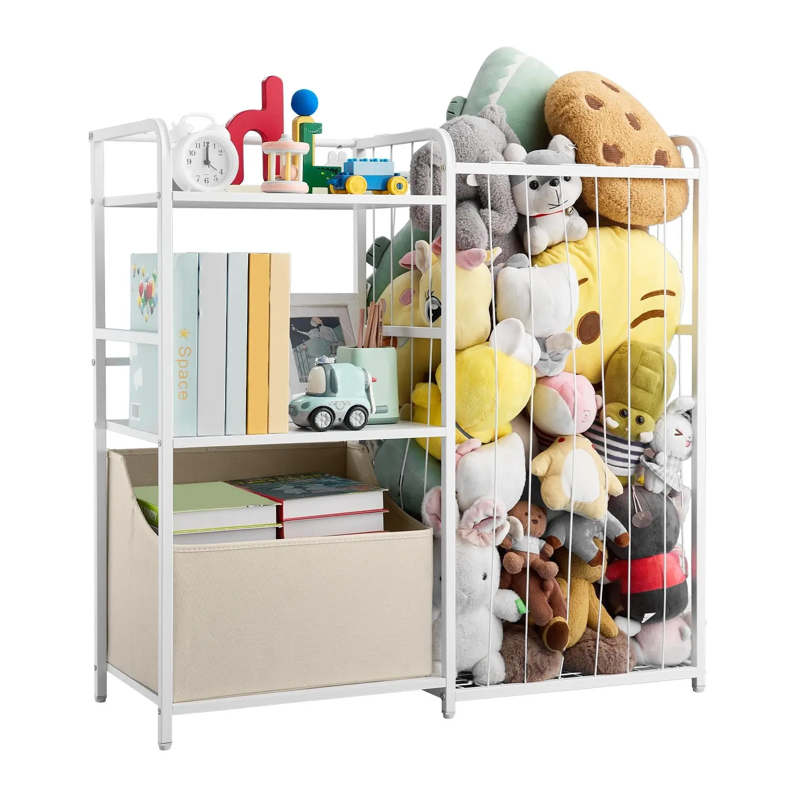 White Stuffed Animal Storage Organizer And Toy Storage Shelf, 2-Tier Bookshelf With 4 Cubbies, Space Saving Kids Room Furniture For Nursery, Bedroom, Playroom, Books, Toys, And Plush Toy Display
