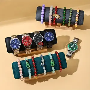 1pc T-Shaped Jewelry Display Rack with Wooden Base & Polyester Fabric - Multi-Slot Organizer for Watches, Necklaces, Bracelets - Durable, Stylish Home/Store Decor, Watch Storage Stand, Elegant Display, Textured Finish